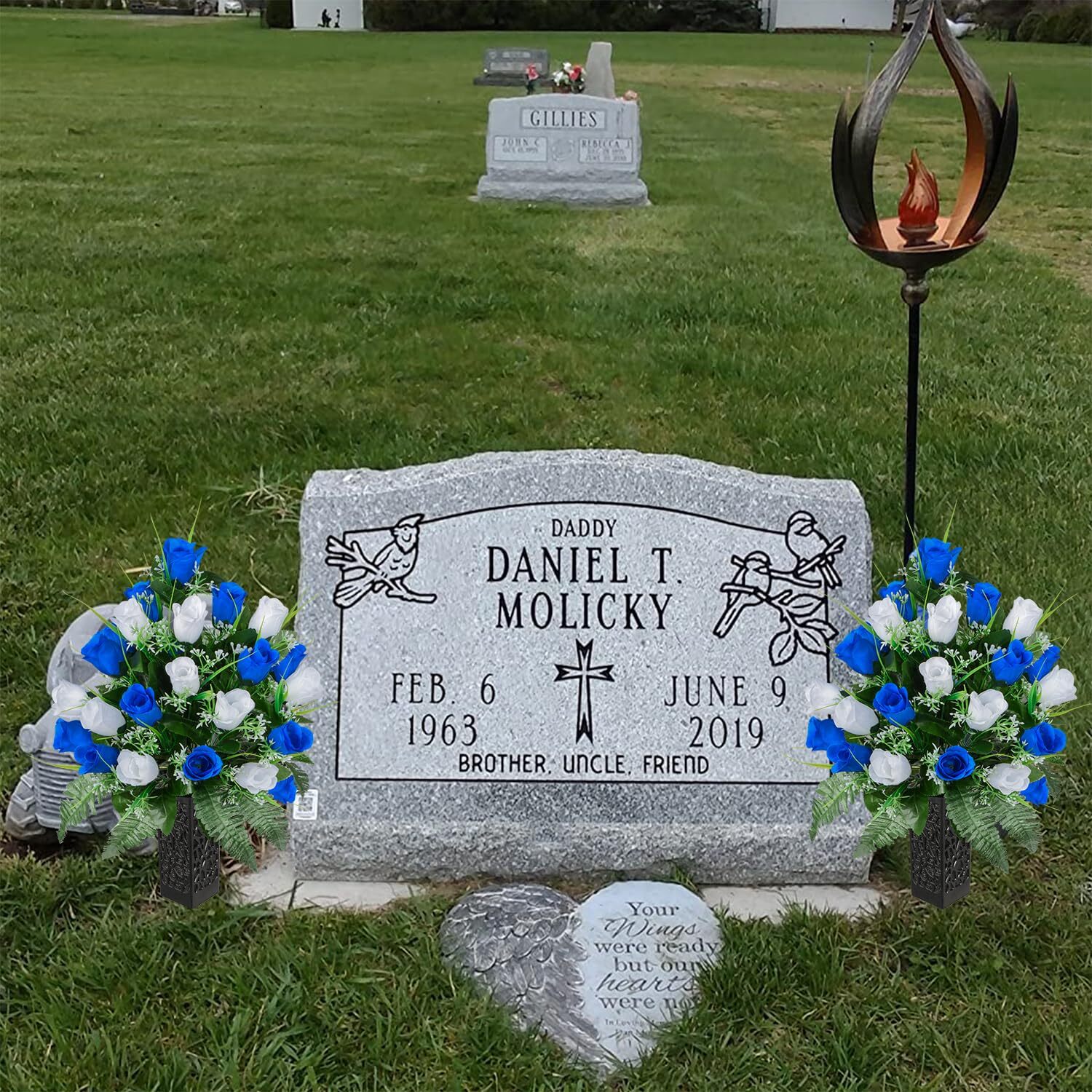 Artificial Cemetery Flowers Grave Memorial Flowers Set of 2 Dark Blue White