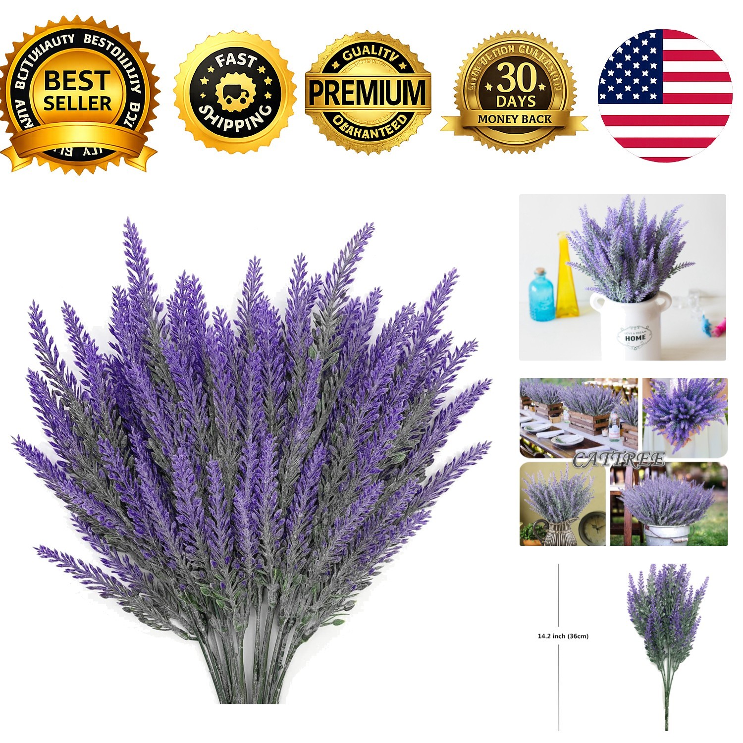 Artificial Lavender Fake Flowers Flocked Plants Plastic Faux Bouquet Purple 5