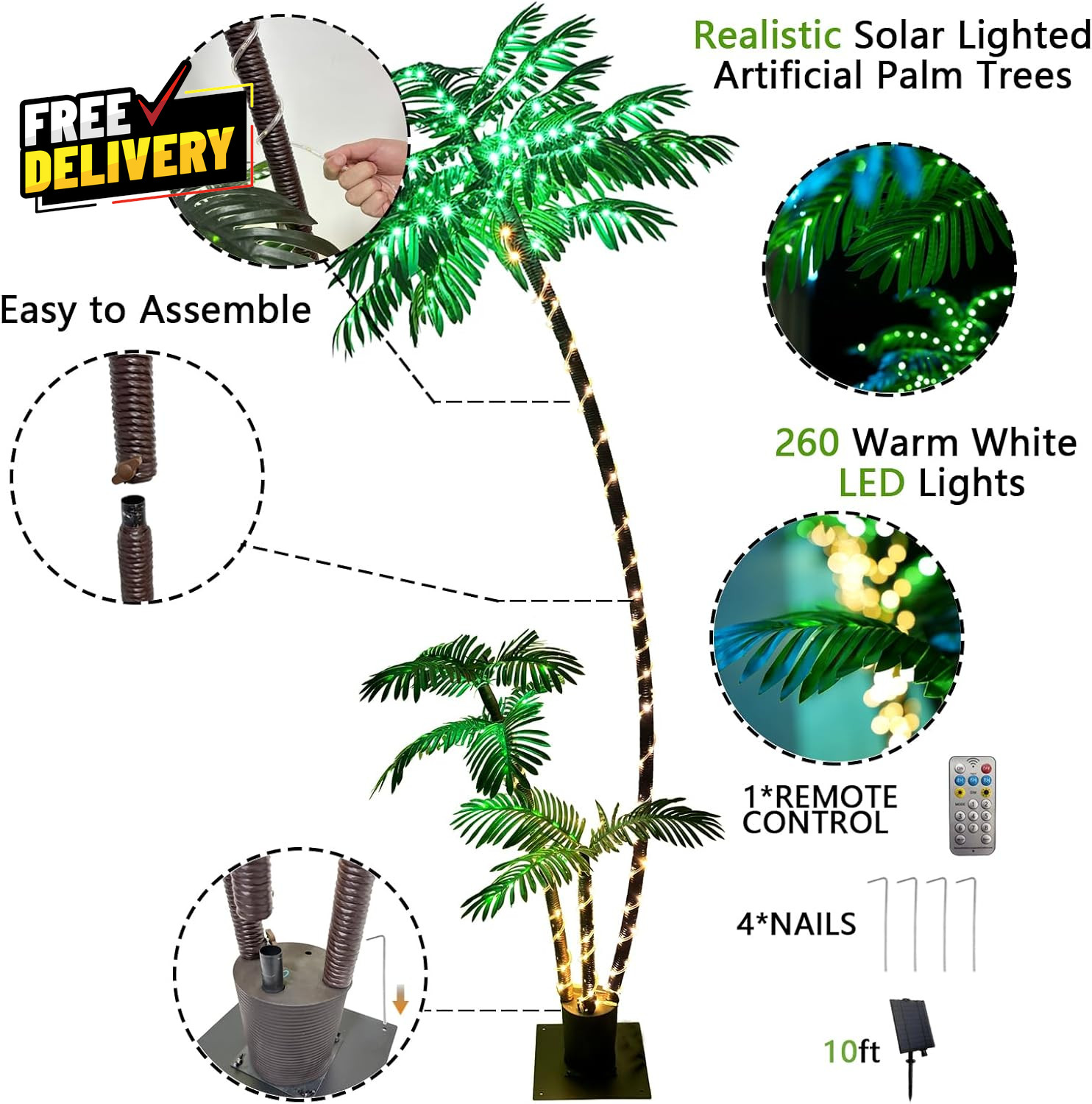 7Ft Solar Lighted Palm Tree Home Room Decor 260LED Christmas Tree 3 Trunks Ar…