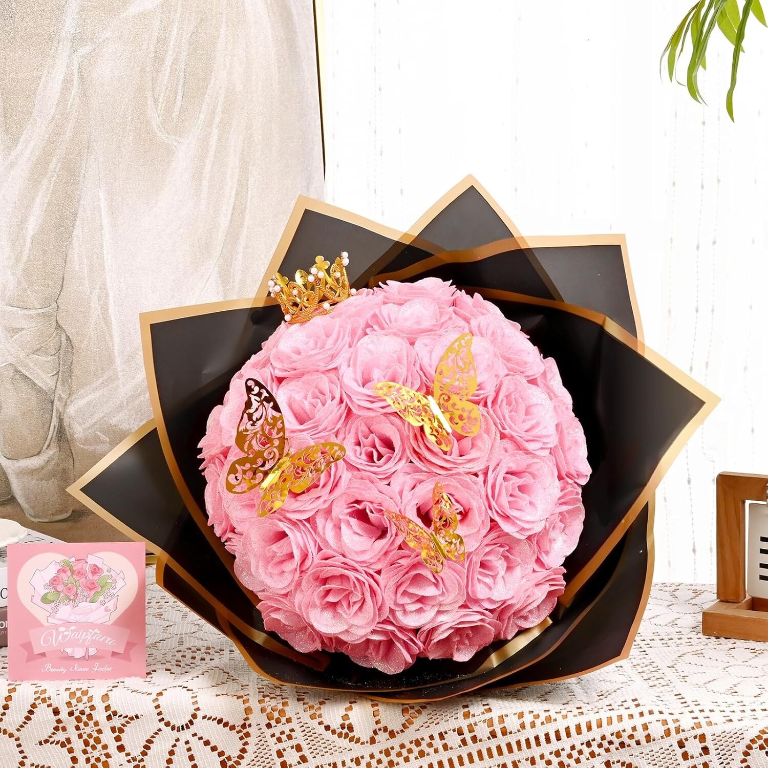 Waipfaru Pink Glitter Roses Bouquet, DIY Fake Flowers Bouquet, Everlasting Shiny