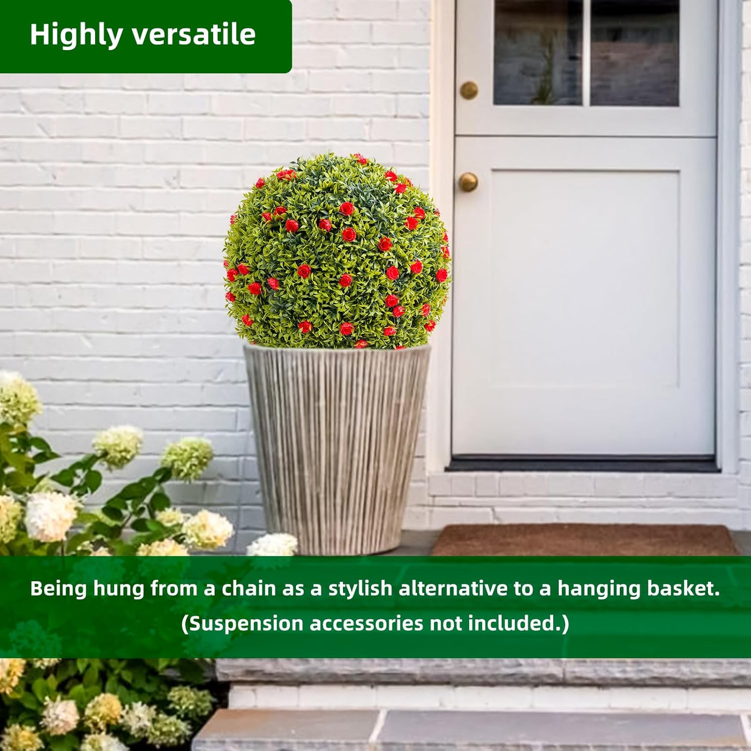 Set of 2 20.5″ Artificial Boxwood Topiary Balls with Red Flowers for Home Decor