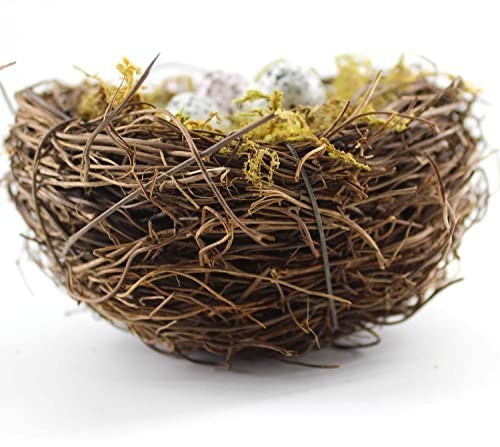Handmade Rattan Birds Nest Set of 4 with 12 Artificial Eggs & Moss for Easter De