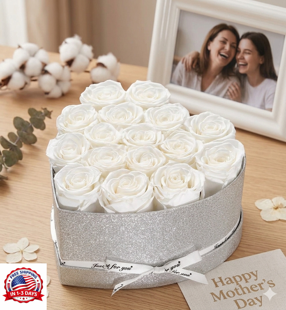 Forever Rose Gift Box – 16 Preserved Roses for Mom – Heart Shaped Elegant Gift