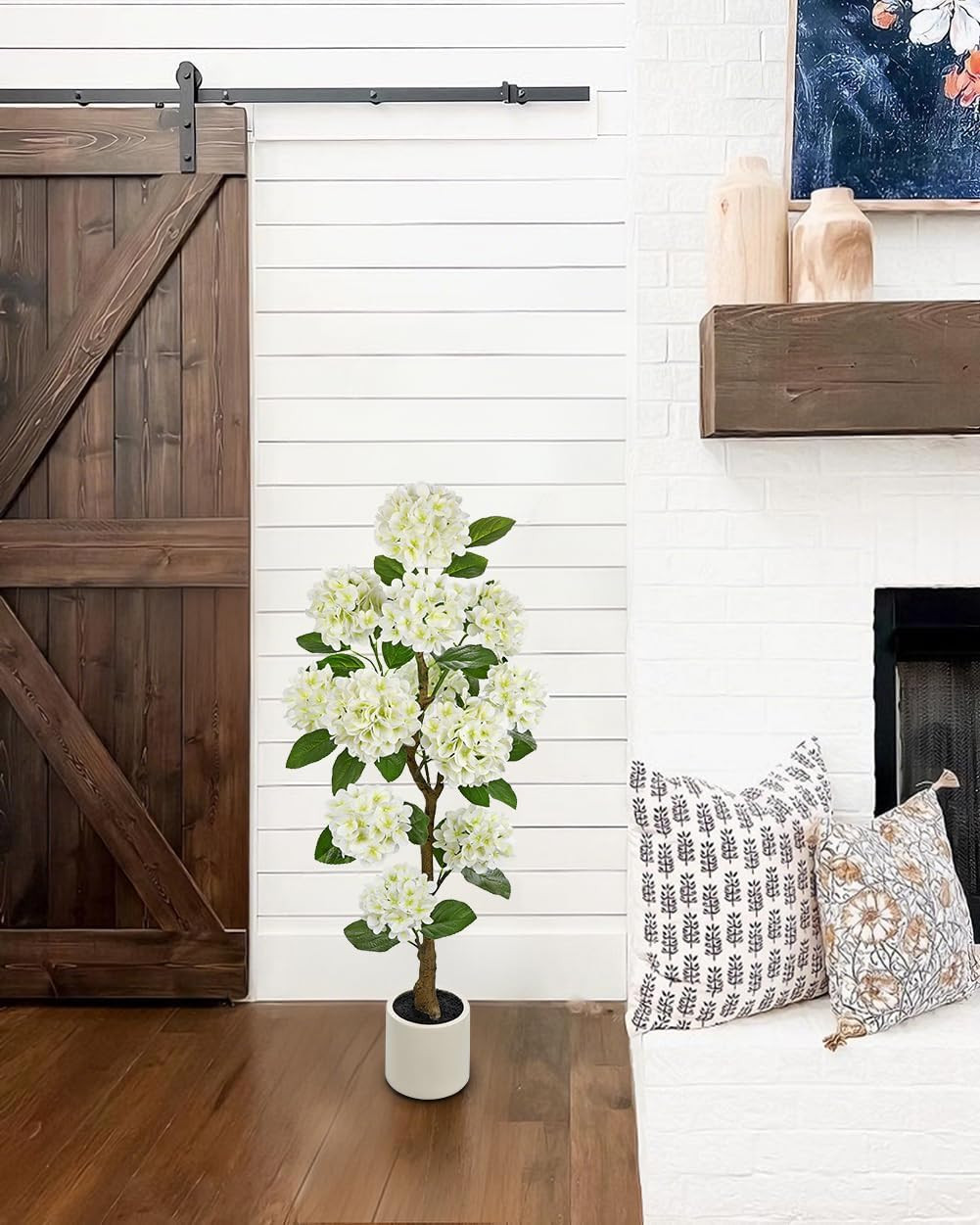 4FT White Hydrangea Artificial Flowers Tree Large Real Touch Faux Silk Hydrangea