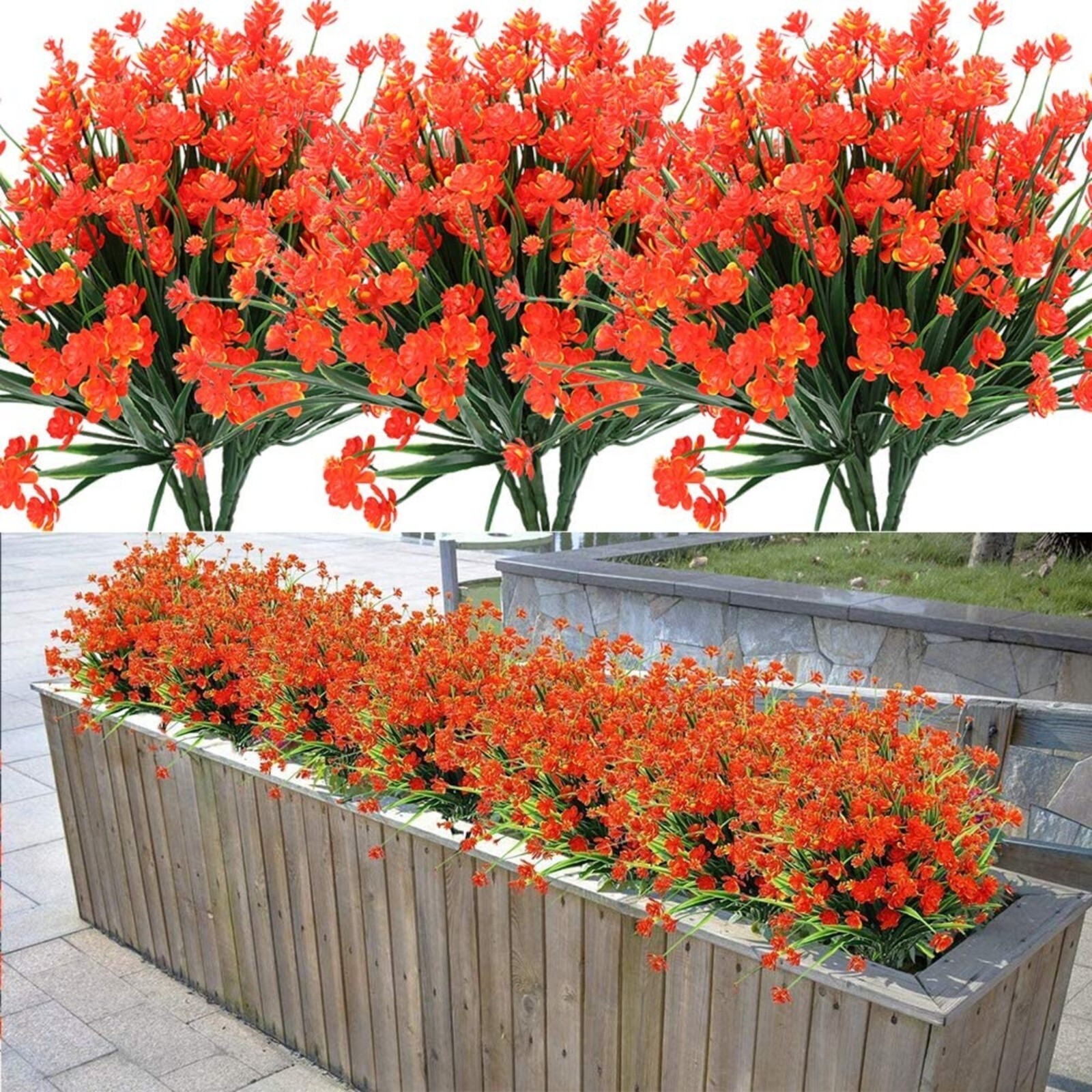 12 Bundles Outdoor Artificial Fake Flowers UV Resistant Shrubs Plants Orange Red