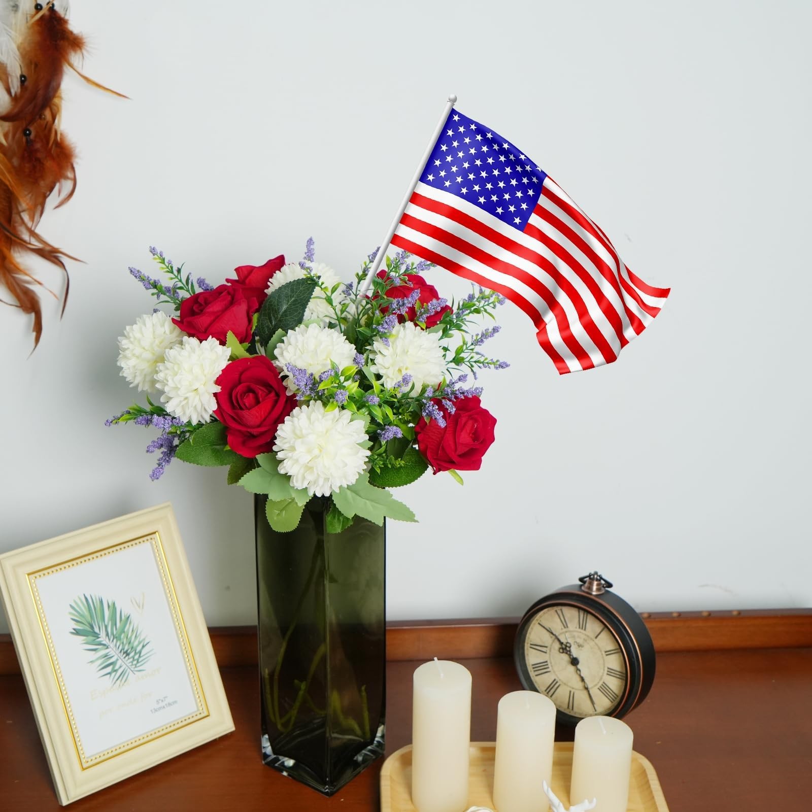 12 Inch Cemetery Flowers for Grave Fake Flower Bouquet Red Rose Silk