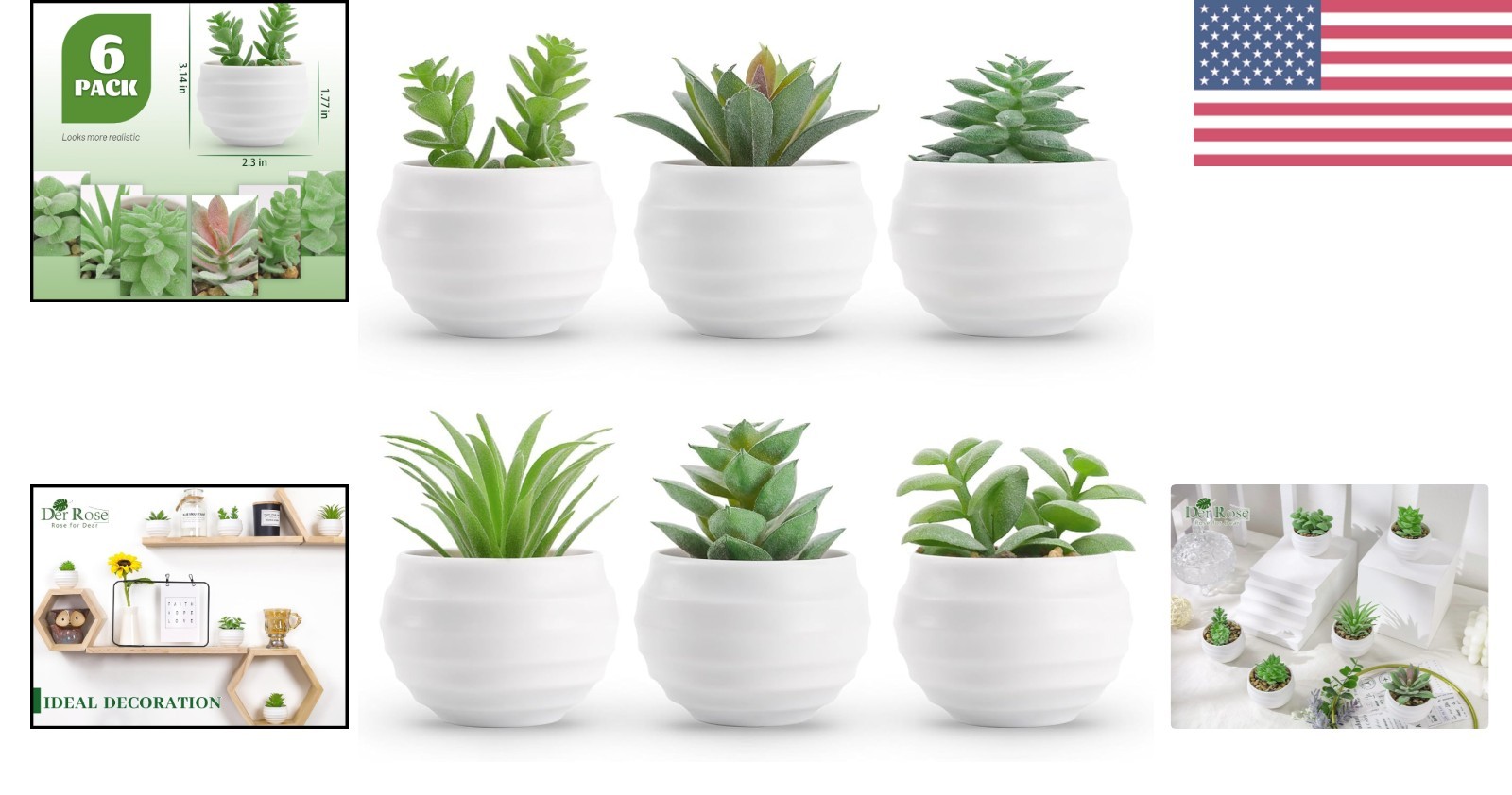 Charming Set of 6 Faux Succulents for Bathroom, Office & Living Room Decor