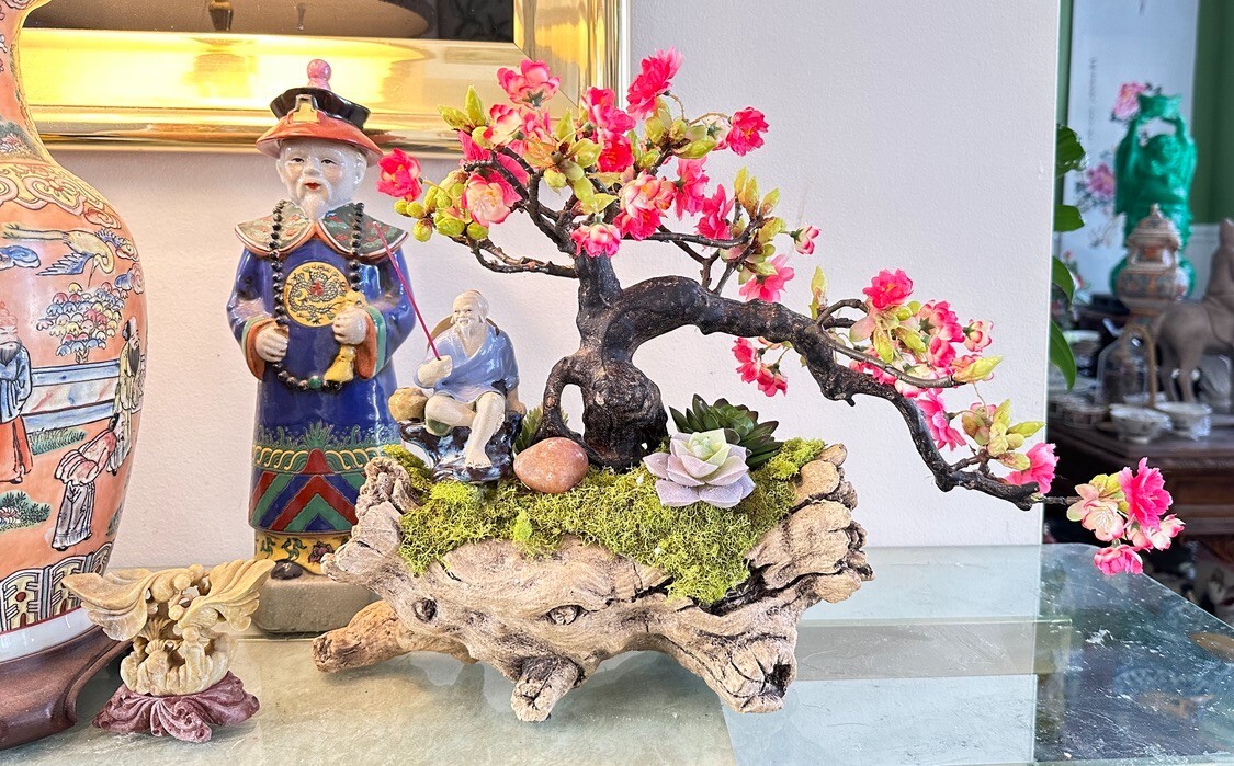 Bonsai Planter Artificial Bonsai Cherry Blossom Tree With Chinese Mud Man Realis