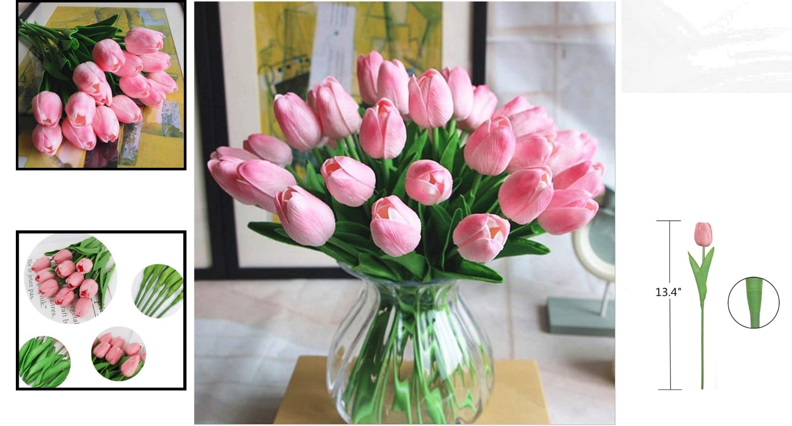 Long-Lasting Pink Artificial Tulips – 10 Real Touch Flower Arrangement Stems
