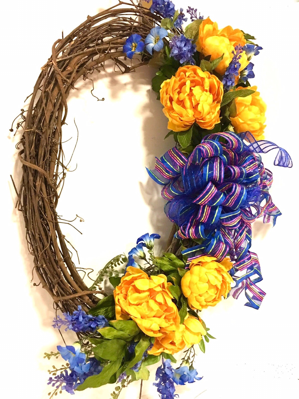 Spring Summer All Season OVAL Floral Wreath Blue Gold Yellow Indoor Outdoor 24”