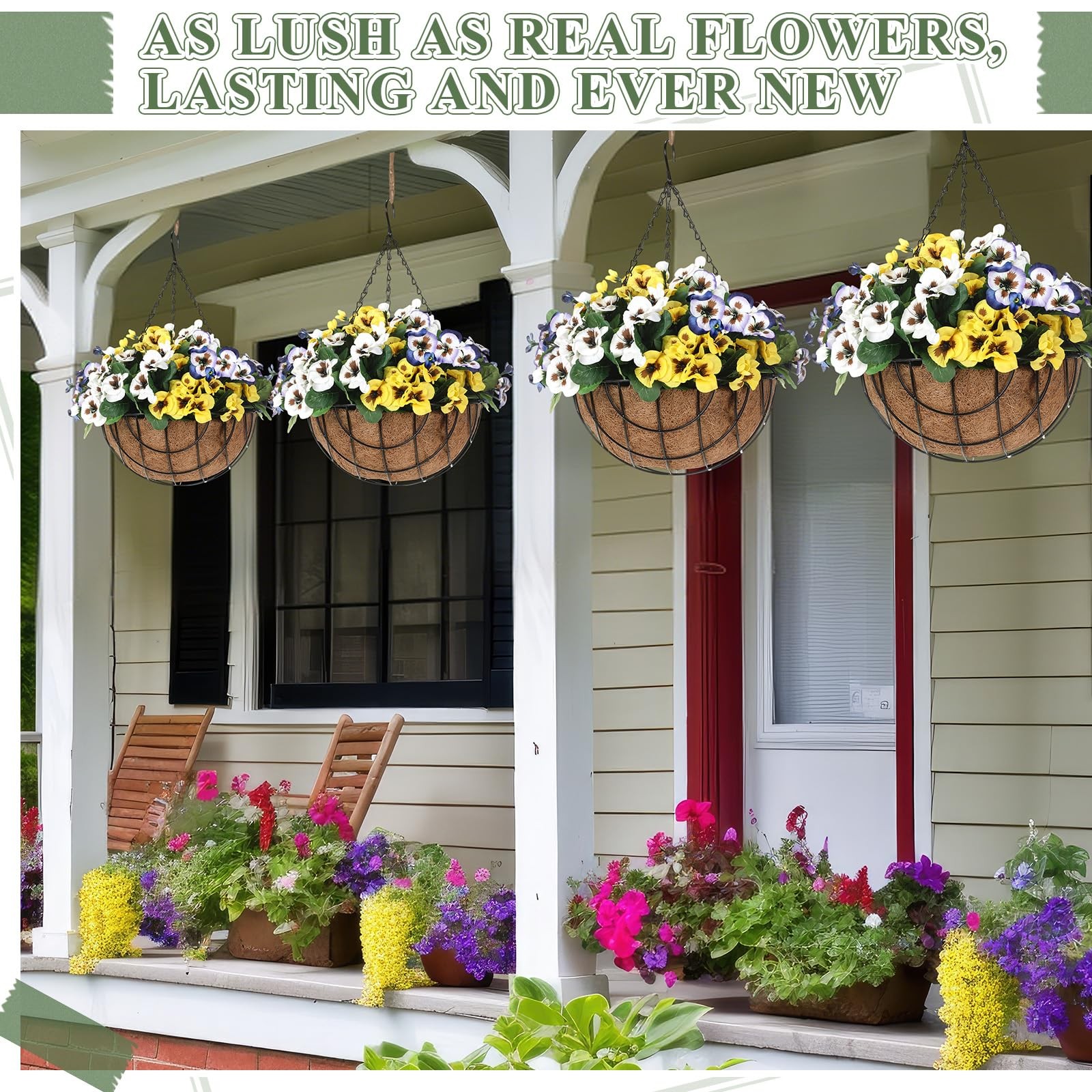 2 Set Artificial Hanging Pansy Flowers with Baskets UV Resistant Faux Silk Pa…