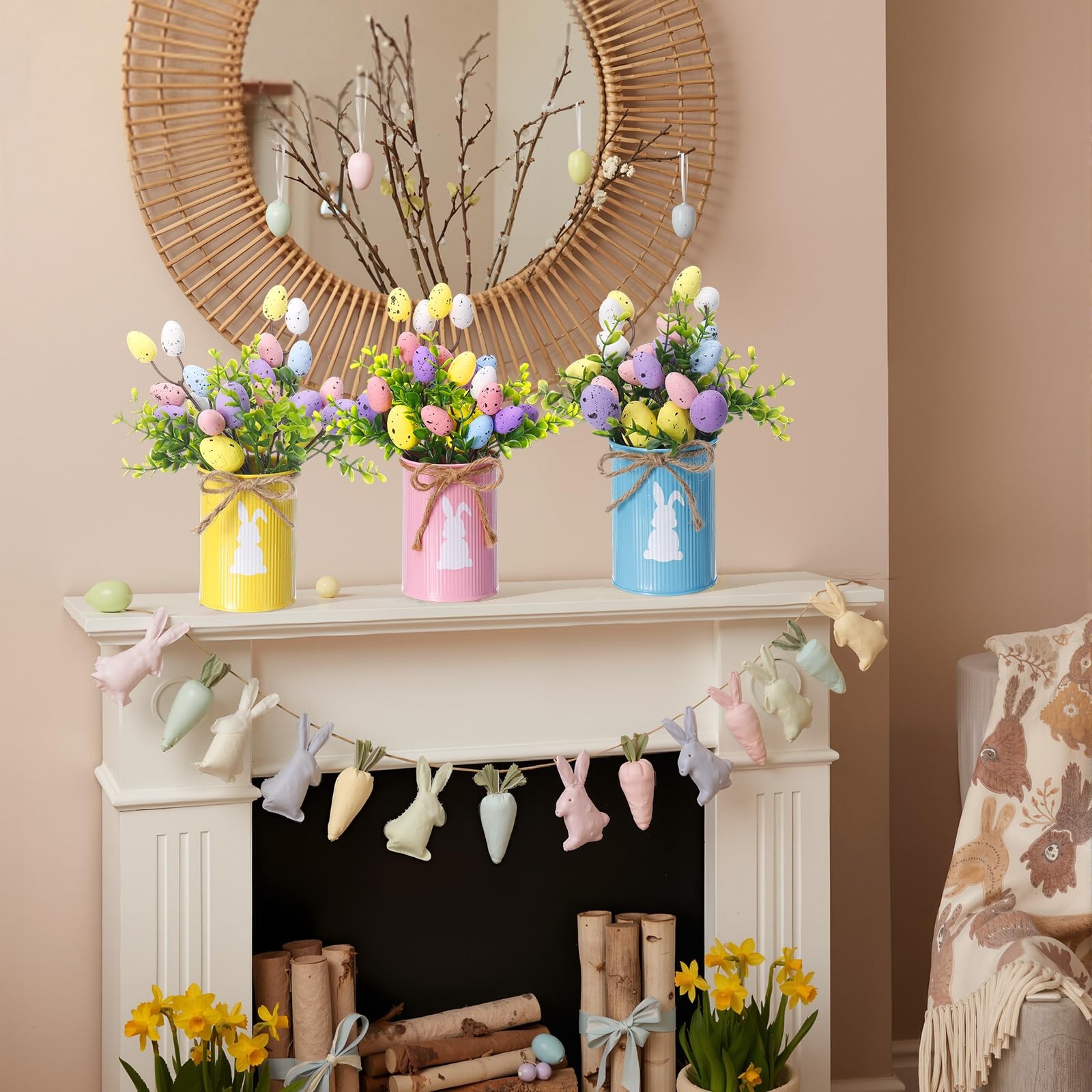 Easter Table Centerpiece Decorations, 3 Bunny Vase Centerpieces with 9 Artifi…