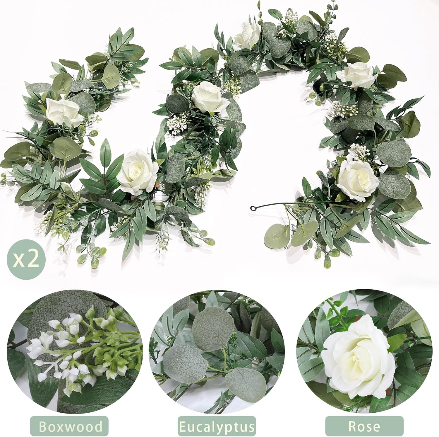 2 Pack 13Ft Artificial Spring Eucalyptus Flower Garland with White Roses, Fake F