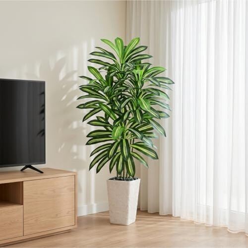 Artificial Dracaena Tree – Fake Tree with White Tall 5FT 1 Green-white Pot