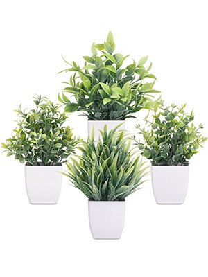 Fake Plants 4 Packs Small Artificial Greenery Mini White Potted Plants Bathroom