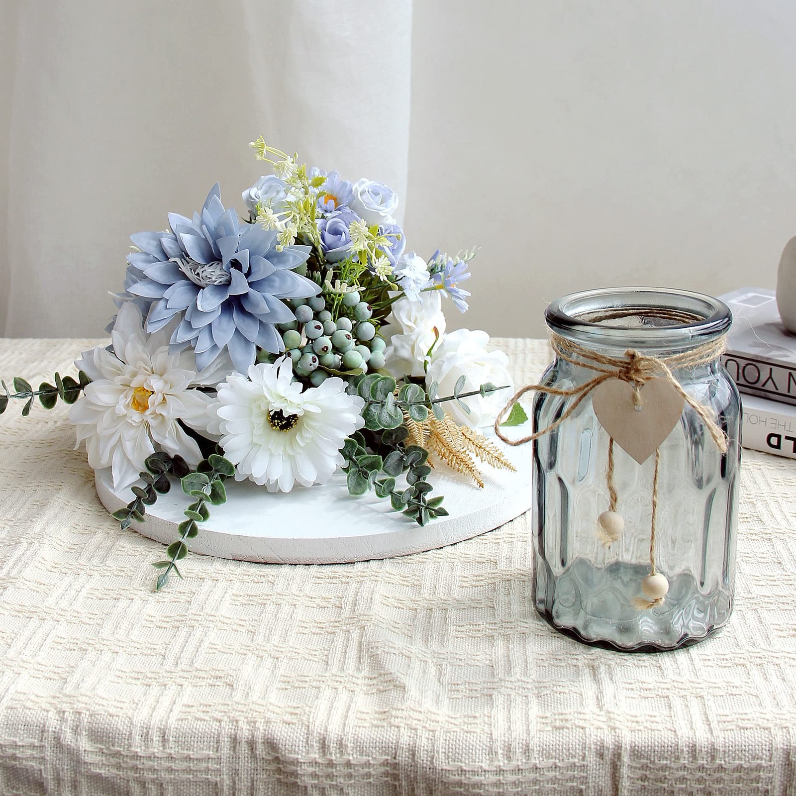 Fake Flowers with Vase, Silk Dusty Blue Rose Hydrangea Artificial Flowers in …