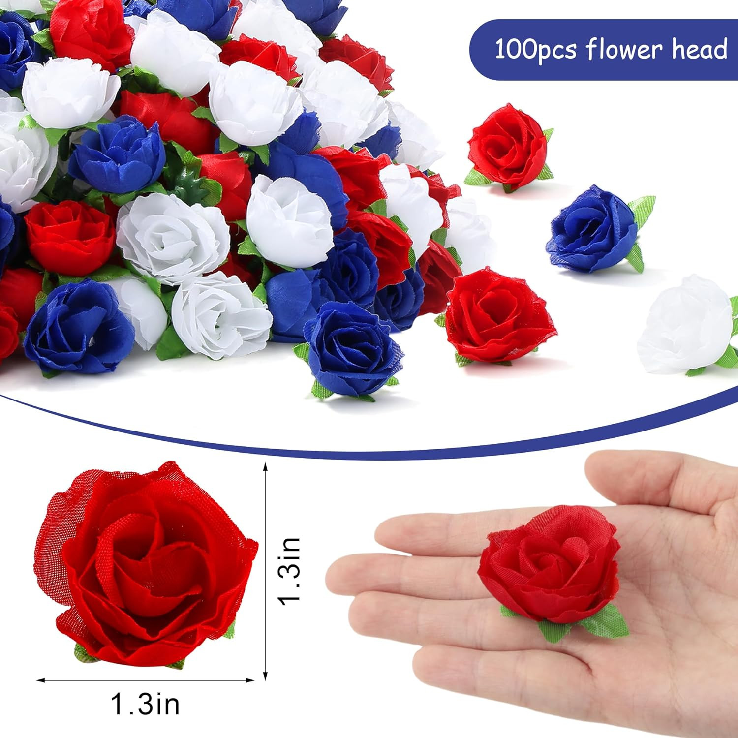 100 Pcs Mini Patriotic Roses Head 4th of July Artificial Flowers Small Rose f…