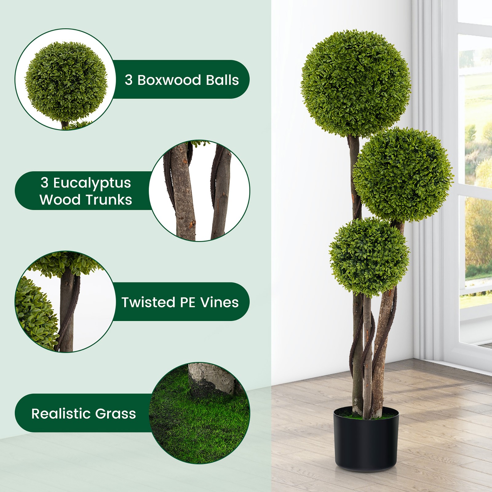 4 FT Artificial Boxwood Topiary Ball Tree w/ Triple Ball Faux Greenery Plant