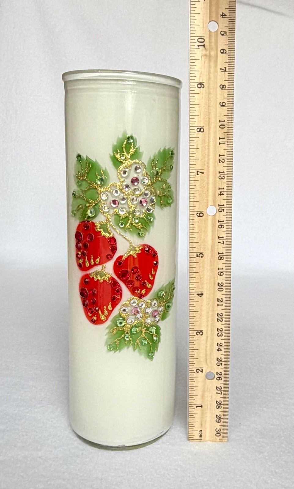 Vintage Candle Holder Glass Red Strawberry Leaf Applied Jewel Rhinestones 9”