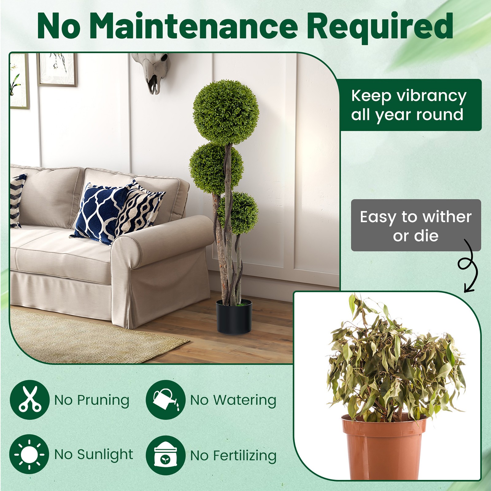 4 FT Artificial Boxwood Topiary Ball Tree w/ Triple Ball Faux Greenery Plant