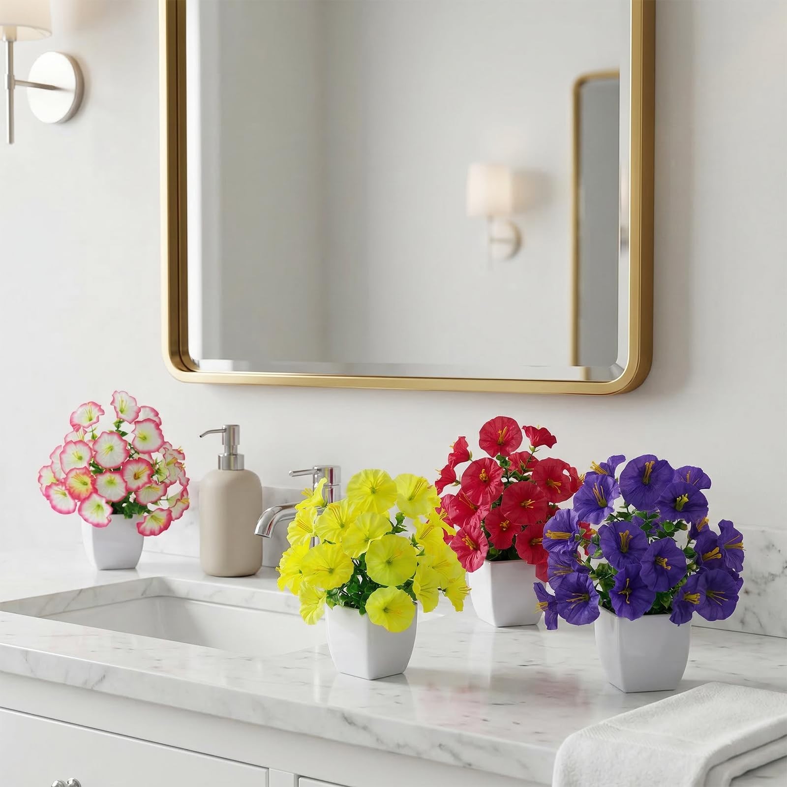 4 PCS Small Colorful Artificial Flowers White Pots Fake Mini Potted Plants