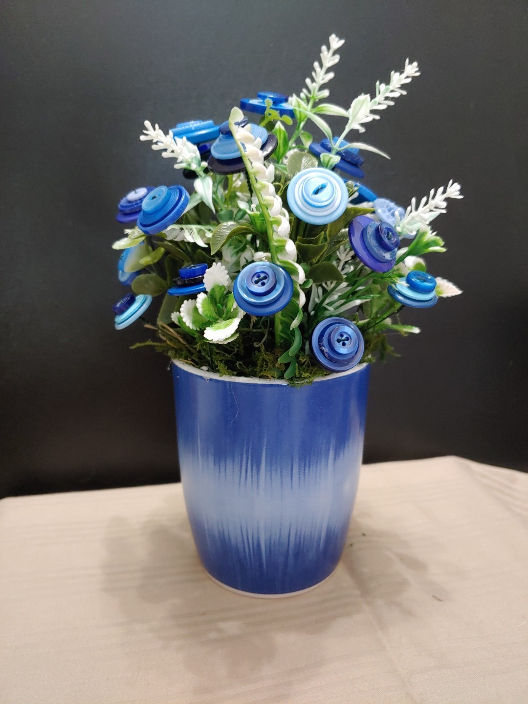 Blue Button Flower Bouquet With Greenery In Blue White Coffee Mug Vintage Button