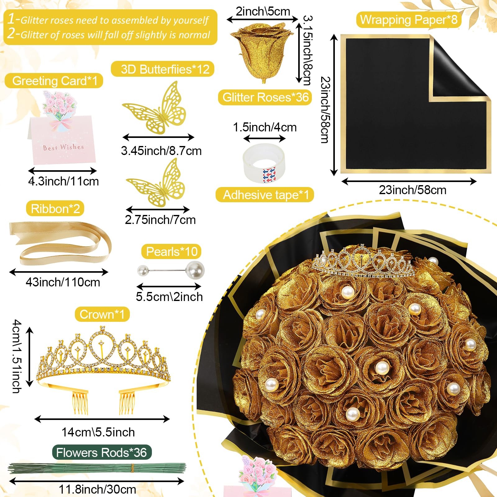 DIY Glitter Roses Bouquet Gold- 36 Pack Fake Shiny Flowers with Stems Eternal…