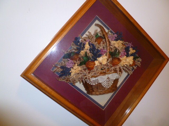 Vintage Hanging Wooden Shadow Box w/ Basket of Dried Flowers Signed Wall Art