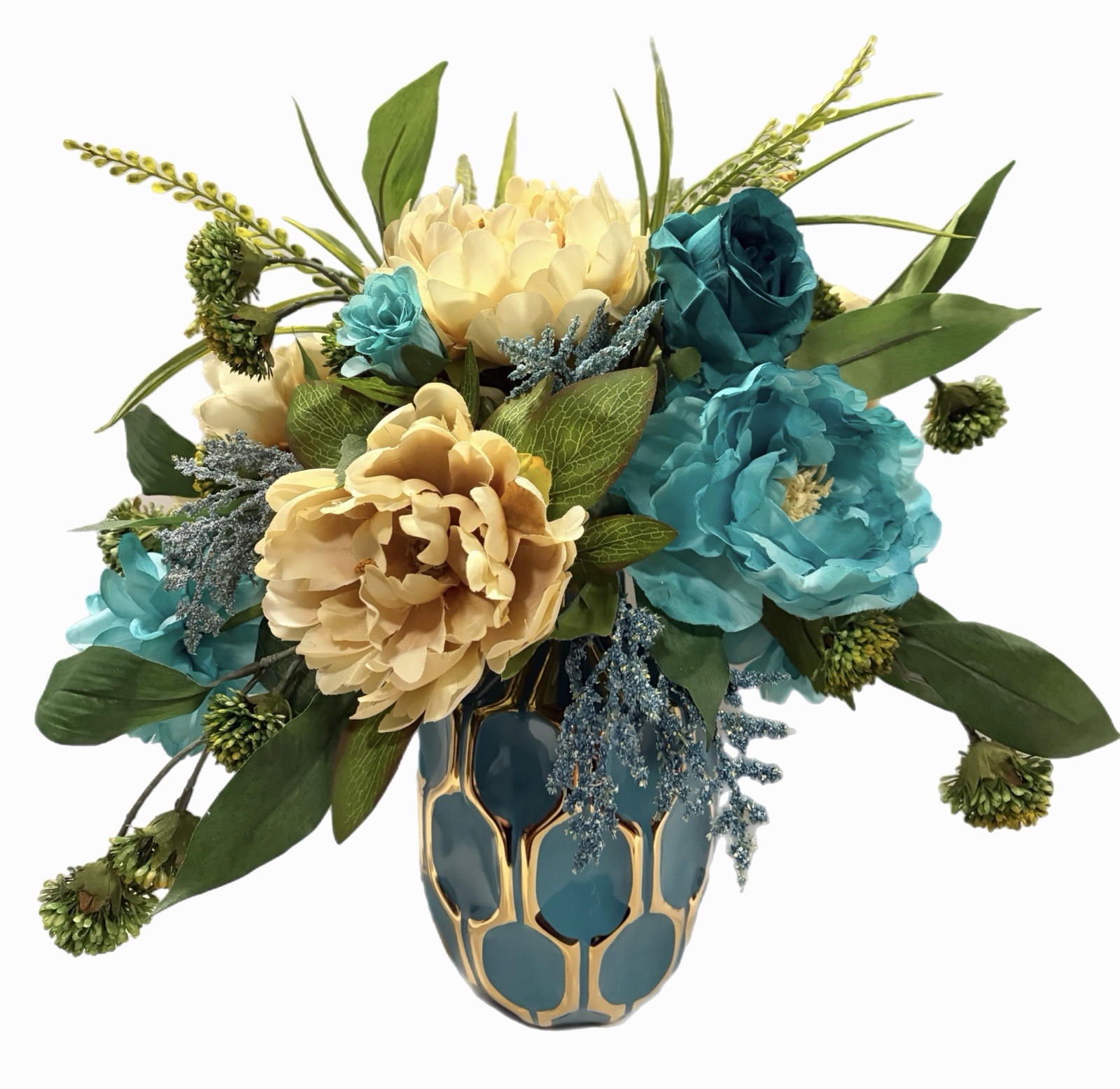 Floral Arrangement Turquoise And Ivory In Turquoise & Gold Vase Modern 18”x16”
