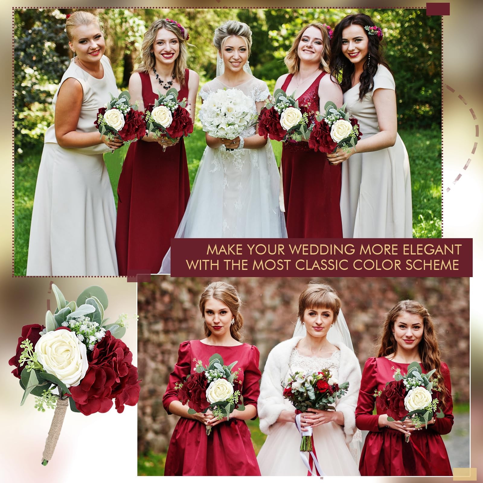 Artificial Flowers Bridesmaids Bouquets Set of 6 – Burgundy and White Bridesm…