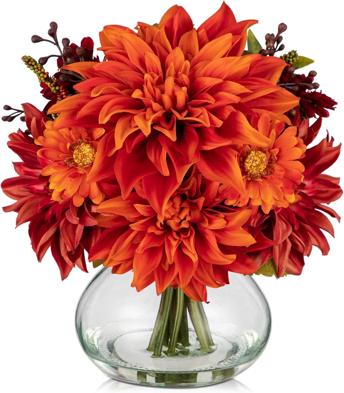 Faux Fall Flowers in Vase, Artificial Dahlia & Mum Silk Floral Arrangement with