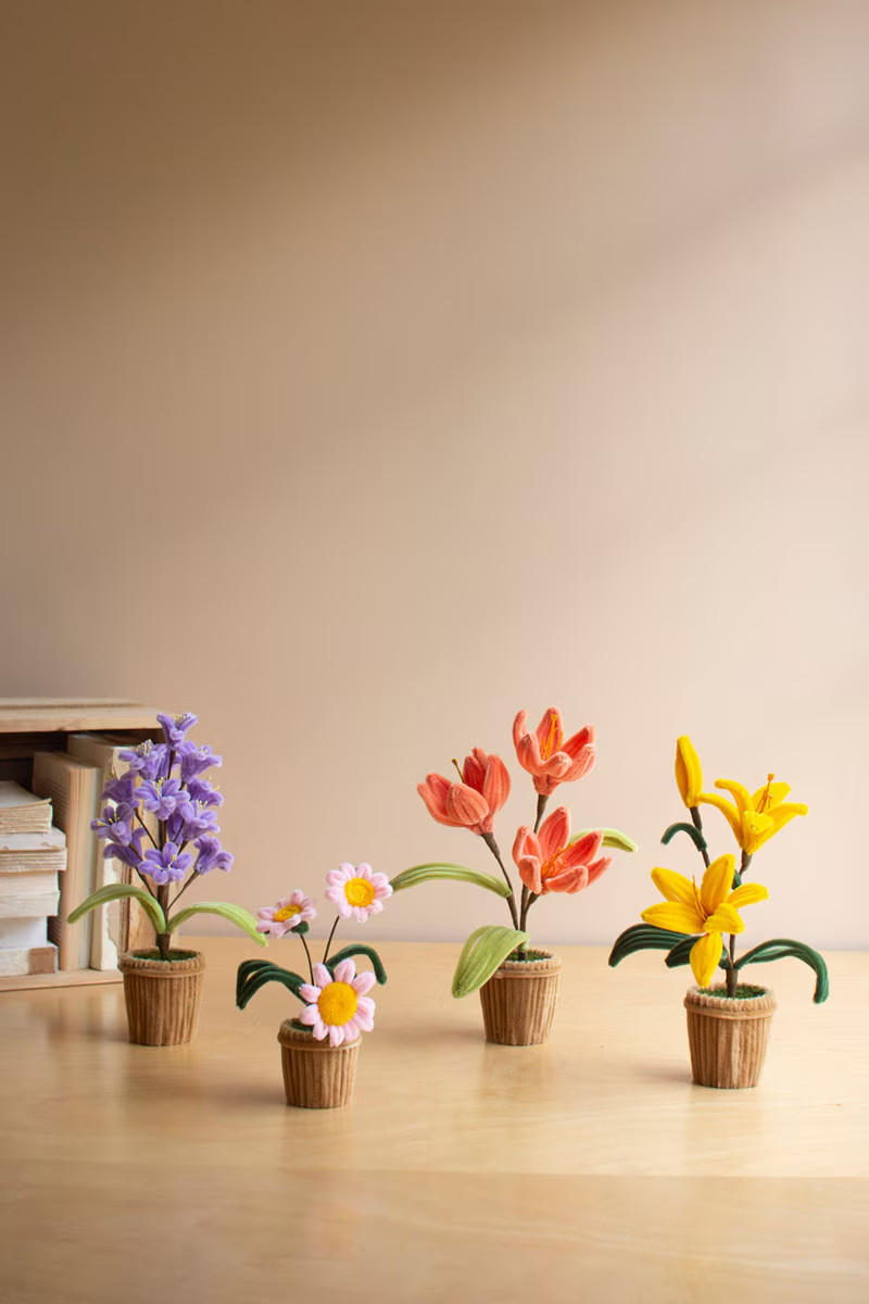 Set Of 4 Pipe Cleaner Potted Flowers Brings Colorful Charm To Any Space or Room