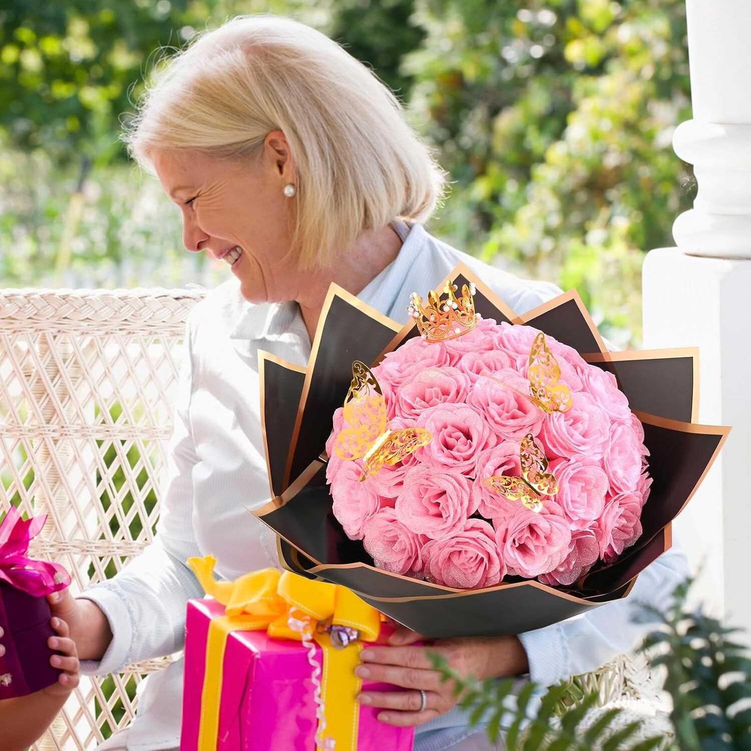 Waipfaru Pink Glitter Roses Bouquet, DIY Fake Flowers Bouquet, Everlasting Shiny