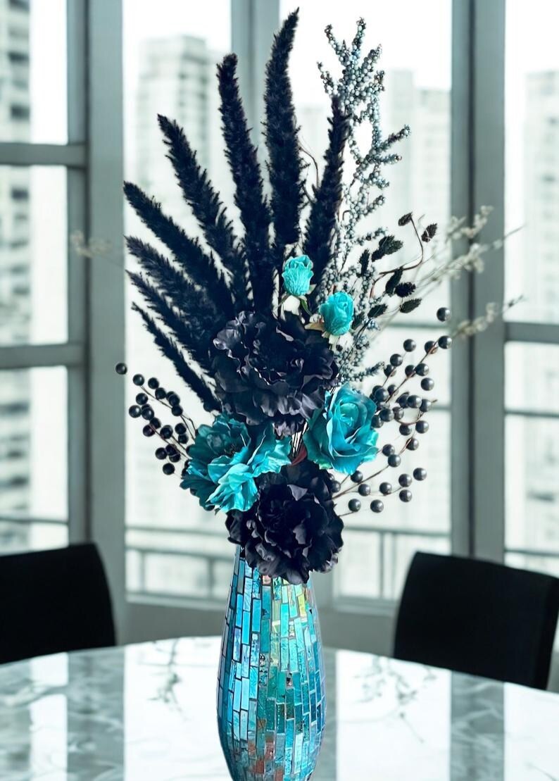 Modern Rose Floral Arrangement: Black & Blue Home Decor, Fancy Table Centerpiece