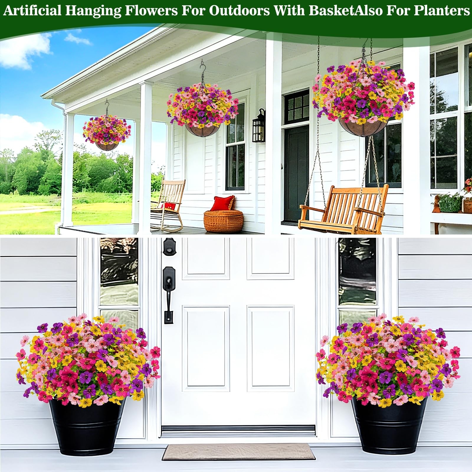 Grandeal 2 Sets Artificial Hanging Plants Flowers Basket Outdoor, Fake Hangin…