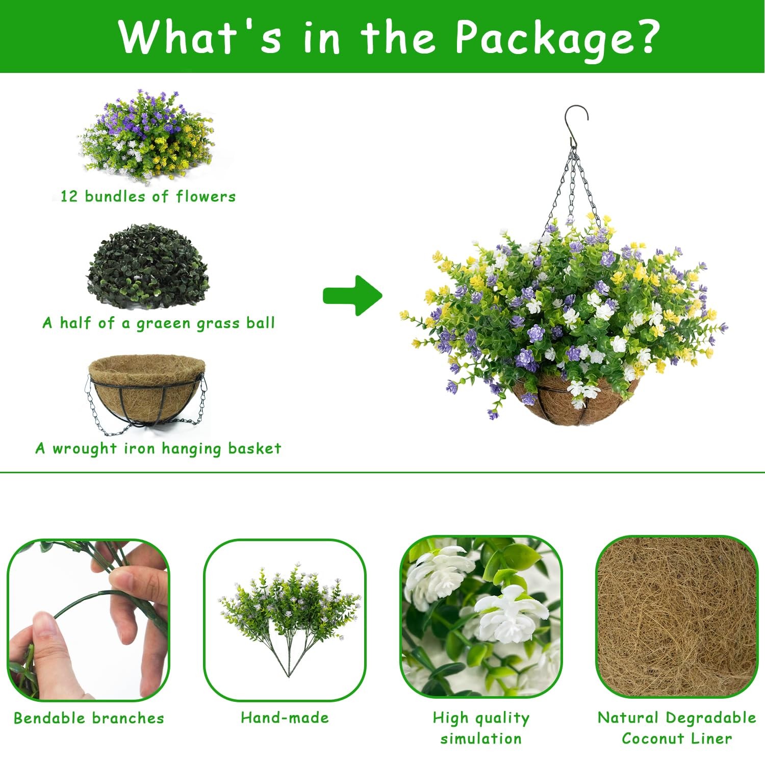 BCBLF Artificial Hanging Flowers Basket, 12 UVResistant Bundles of Realistic …