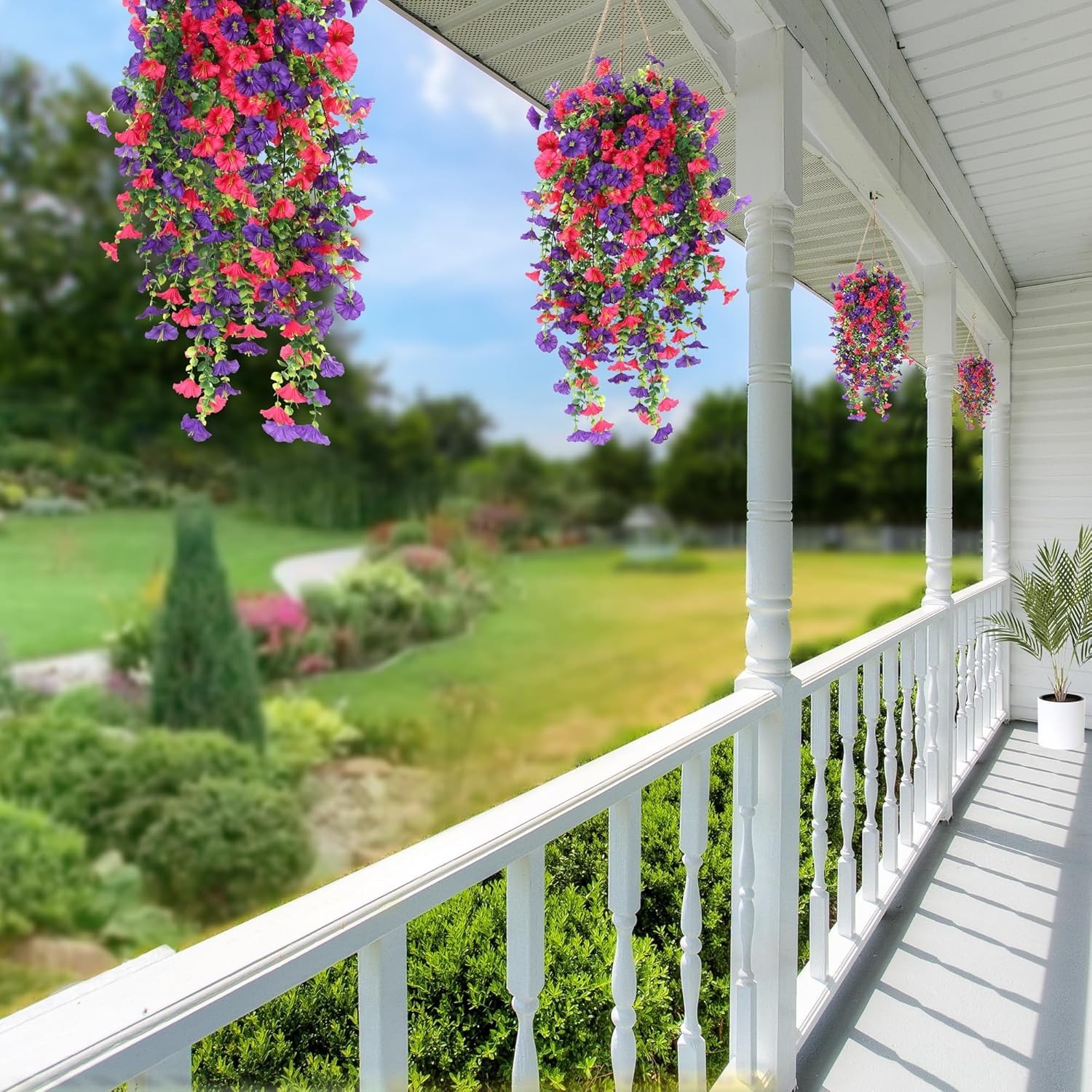 Elegant 2PCS Artificial Hanging Flowers: UV Resistant Morning Glory & Eucalyptus