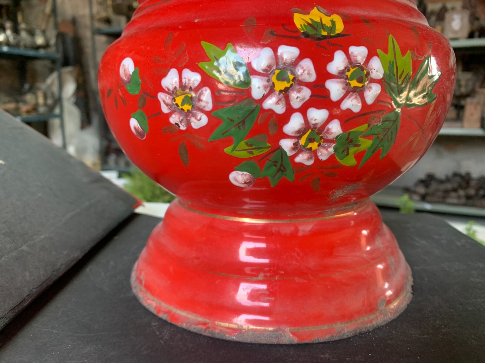 Vintage Hand Crafted Red Color Enamel Floral Leaf Design Painted Flower Vase Pot