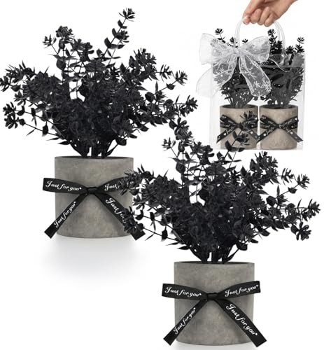 PCS Small Fake Plants Decor, Eucalyptus Artificial Greenery Potted 2 Black