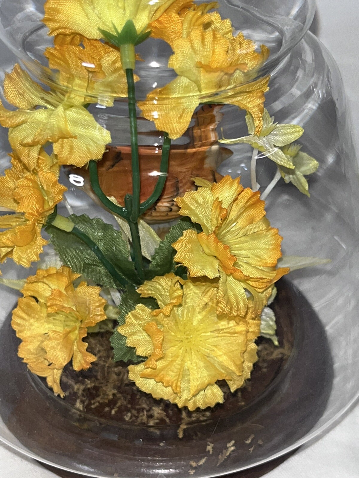 Vintage Floral Cloche Dome Terrarium Dried Silk Flowers & Bird on Wood Base