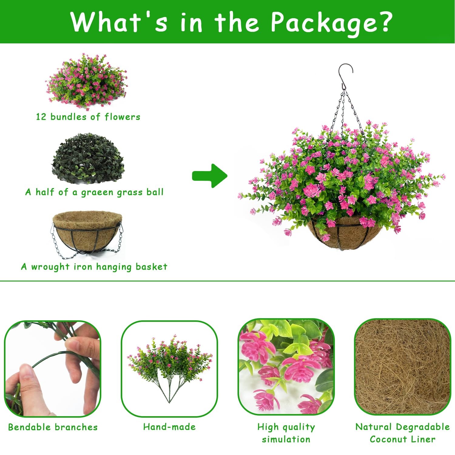 New Artificial Hanging Flowers Basket, 12 UV-Resistant Bundles of Realistic Fake