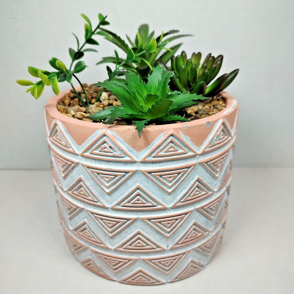 Modern Coastal Geometric Tribal Pattern Planter Pot w/ Faux Succulent Mix Peach