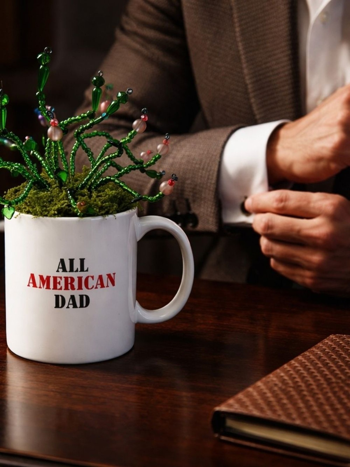 All American Dad White Ceramic Mug with Green Beaded Succulent