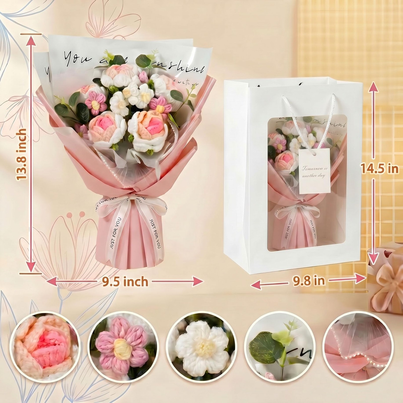 Pink Crochet Tulips Flower Bouquet Gift Lover Birthday Graduation Card Bag