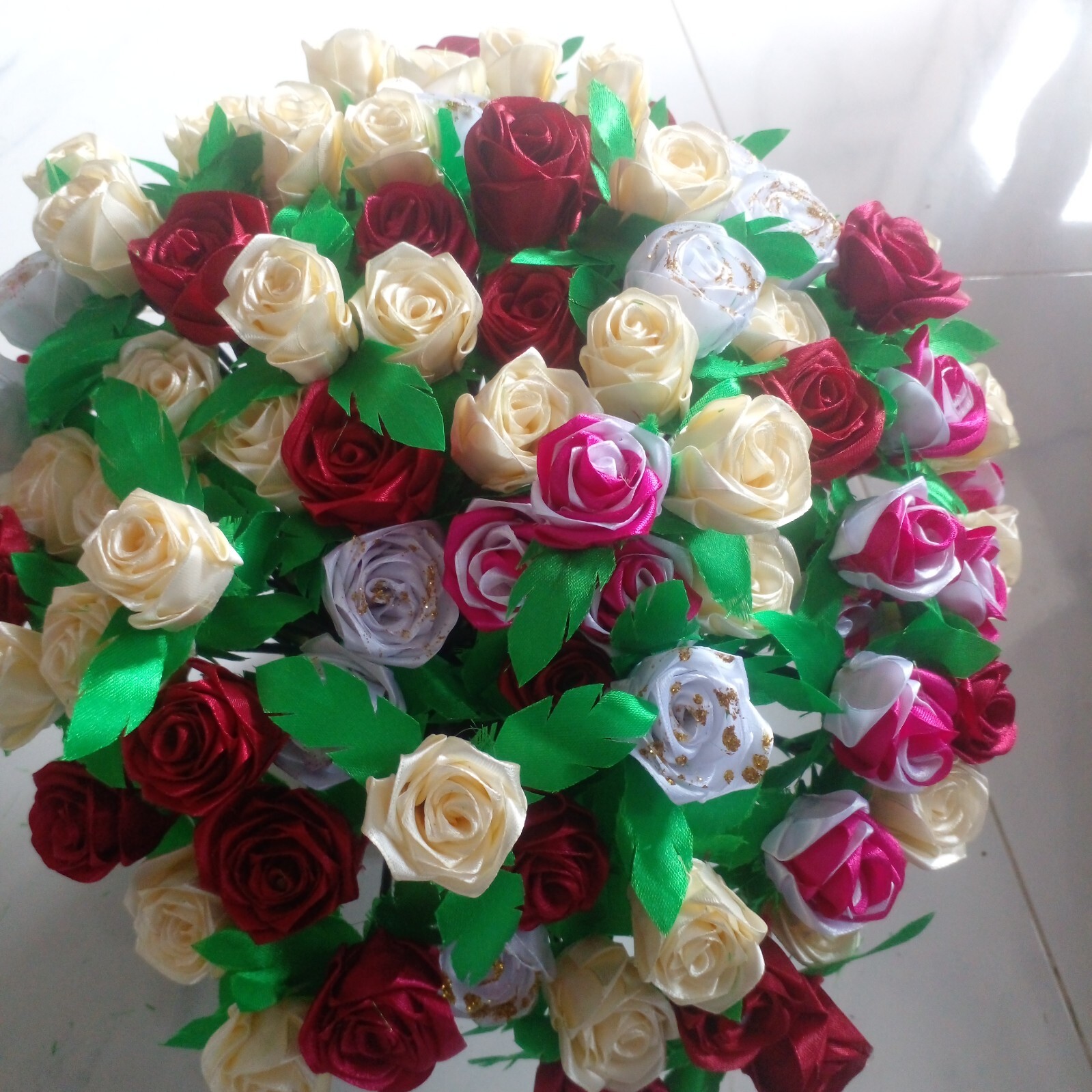 RIBBON ROSE FLOWERS Satin Lot Multicolour DIY Craft Handmade Artificial 5pcs Sti