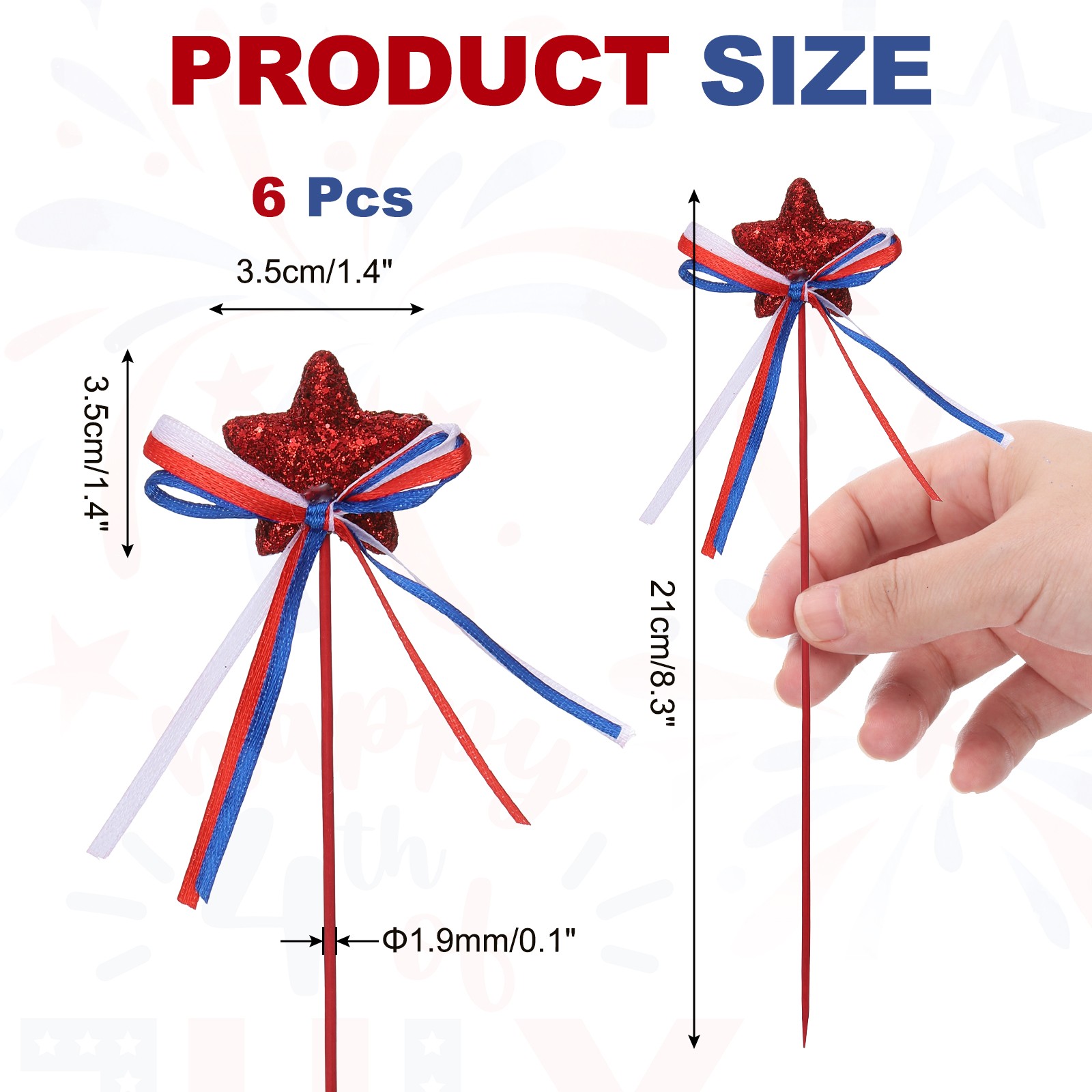 6 Pcs 4th of July Glitter Star Picks 8″ Puffy Sparkly Sticks with Bowknot (Red)