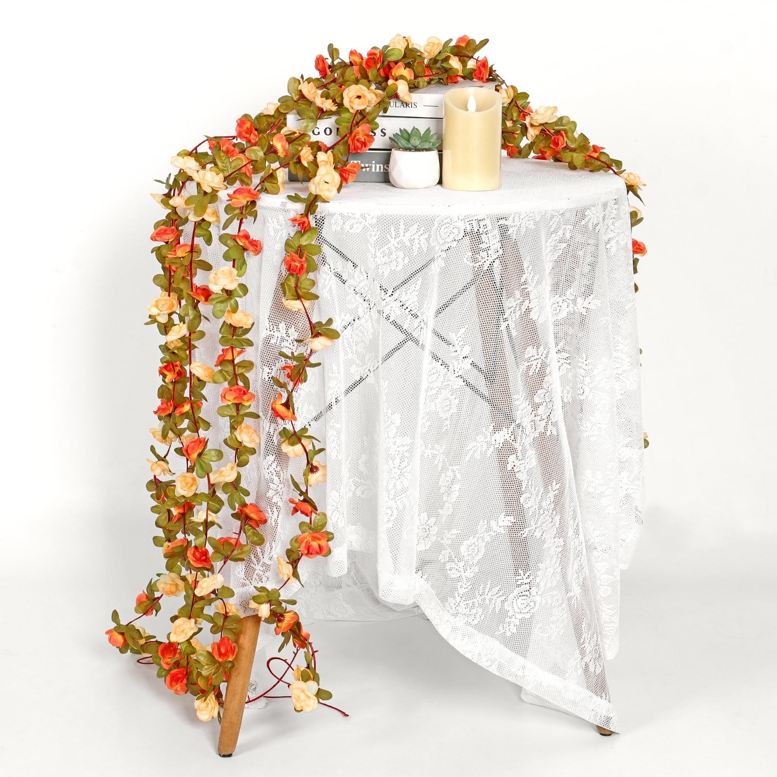 9 Pack 72 FT Artificial Flower Garland, Fake Orange Roses Vines Silk Flowers …
