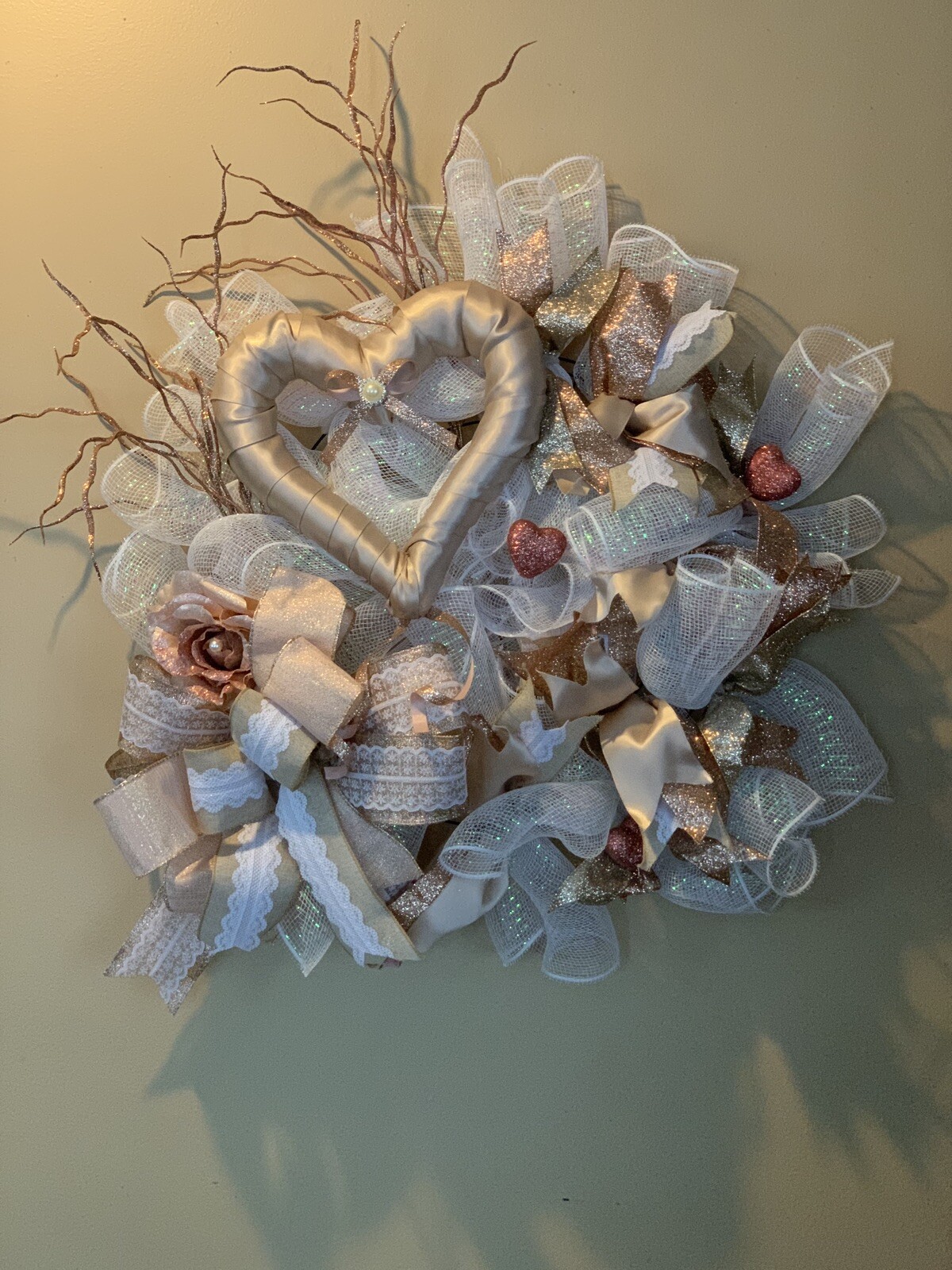 Front Door Wall Decor Romance Is In Full Bloom Pink Rose Tone Heart Mesh Wreath