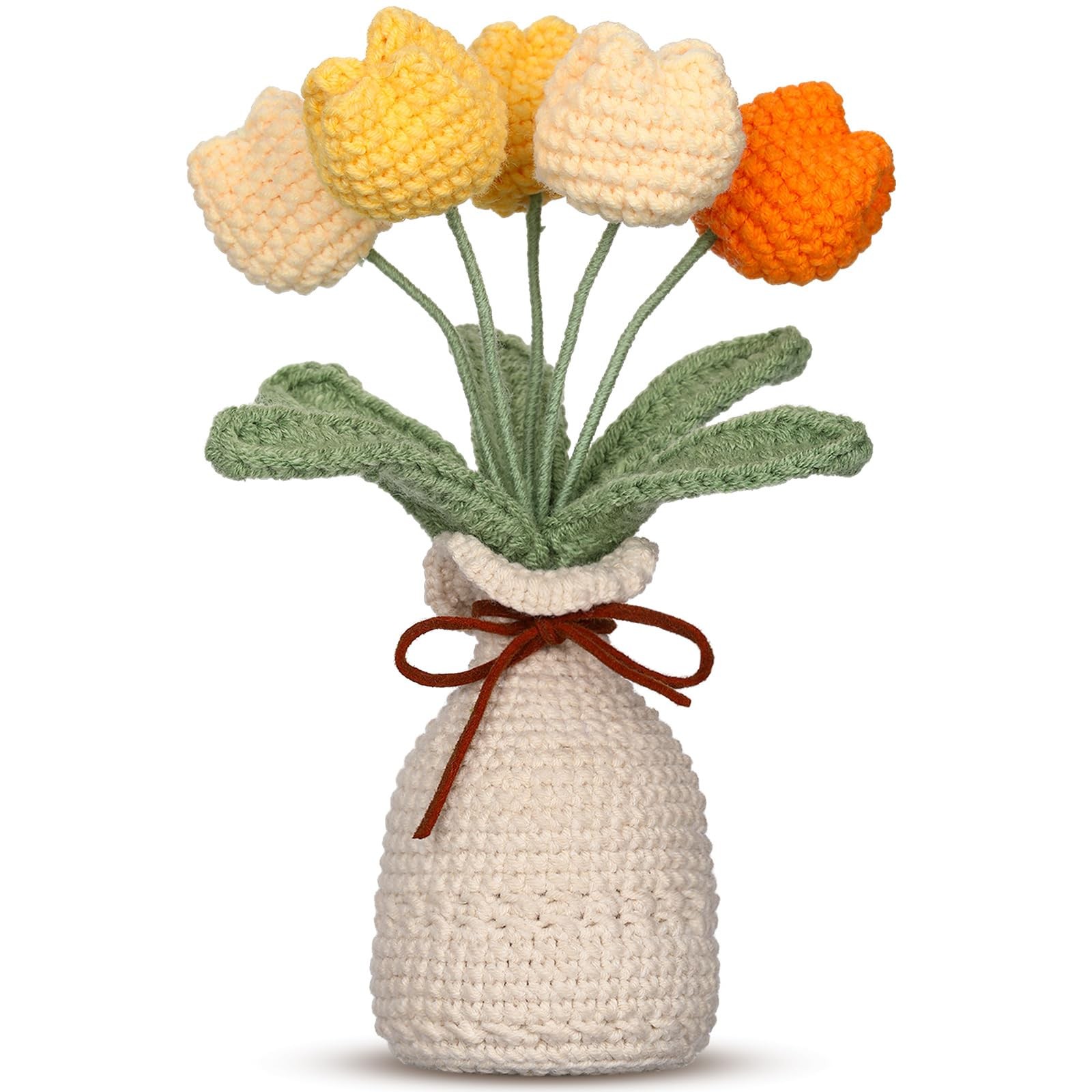 Crochet Knitting Tulip Bouquets Vase 7.1 Inch Yellow Artificial Flower Decor