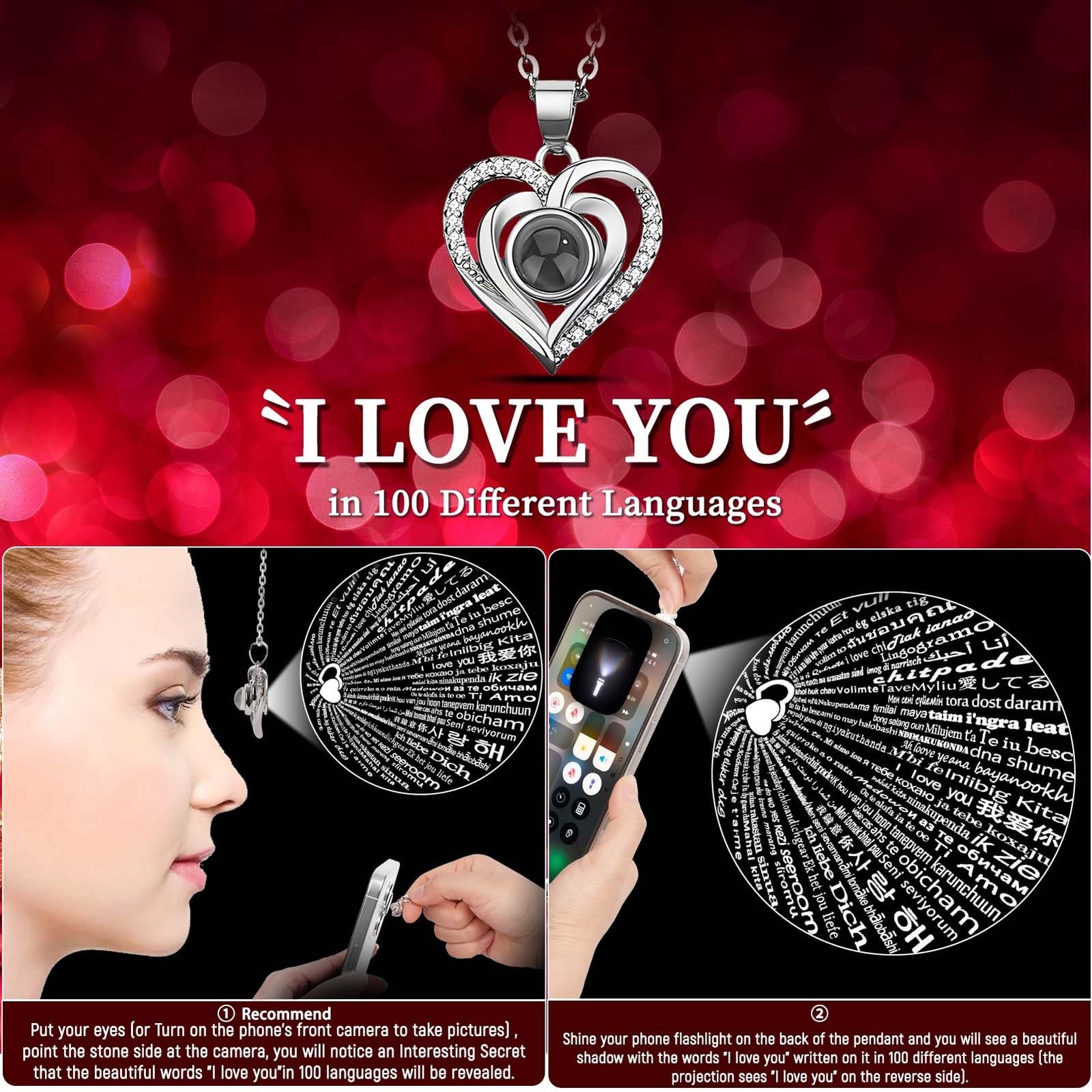 Preserved Red Real Rose with I Love You Necklace -Eternal Flowers Rose Gifts for